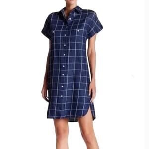 Max Studio Denim Chambray Windowpane Collared Button Down Shirt Dress Size XS